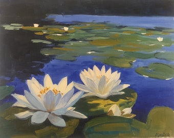 White water lilies. Blue Pond. Blue Water. Painting Landscape. 9x12"