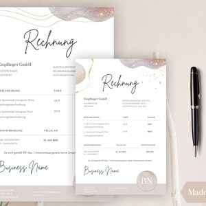 May include: Two invoice templates featuring a gold and white abstract design. The text on the invoice reads "Rechnung", which is German for invoice. The invoice includes a description of services, a price, and a due date.