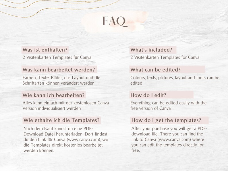 Op de afbeelding: Een roze en witte afbeelding met de tekst "FAQ" in het zwart. De afbeelding bevat een lijst met vragen en antwoorden over visitekaartjesjablonen voor Canva. De vragen en antwoorden zijn zowel in het Engels als in het Duits.