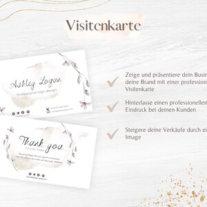 Op de afbeelding: Twee visitekaartjes met een aquarel bloemenontwerp. De bovenste kaart zegt "Ashley Logan Professioneel logo ontwerp" en de onderste kaart zegt "Bedankt voor uw bestelling".