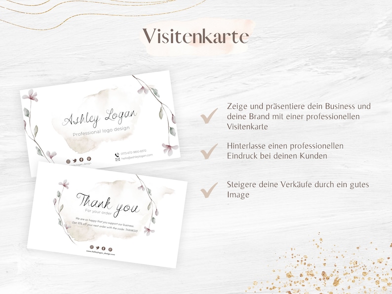 Op de afbeelding: Twee visitekaartjes met een aquarel bloemenontwerp. De bovenste kaart zegt "Ashley Logan Professioneel logo ontwerp" en de onderste kaart zegt "Bedankt voor uw bestelling".