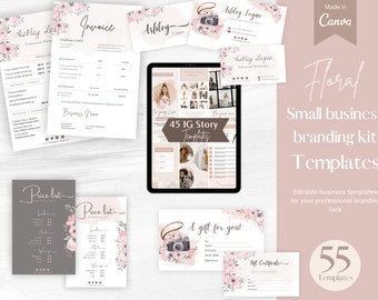 55 Small business brand starter bundle, floral branding kit, watercolor brand pack, Flower rose Business kit, Business Canva templates