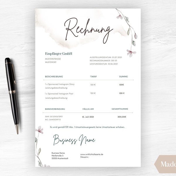 Rechnungsvorlage, Canva invoice template, Business Rechnung mit USt., druckbare Rechnung, personalisierbare Vorlage, printable invoice form