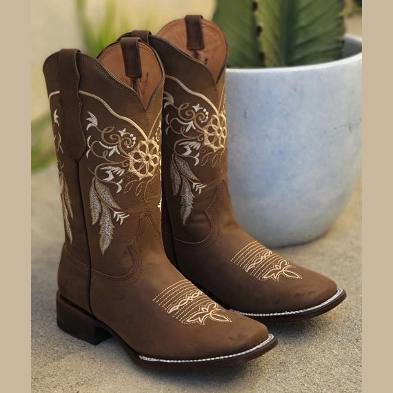 WOMENS COWGIRL Western Cowboy Cowgirl Square Toe Genuine Leather Honey  Flowers Embroidered BOOTS Boho 