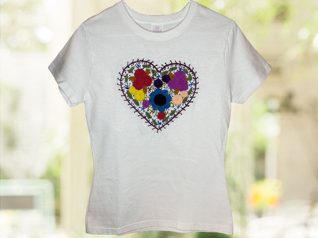Floral Heart Embroidered Tshirt. Size S XL Artisanal Mexican Tshirt