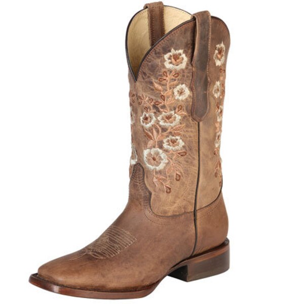 WOMENS COWGIRL Western Cowboy Cowgirl Square Toe Genuine Leather Tan Flowers Embroidered BOOTS Boho