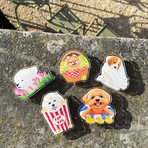 May include: Five clear acrylic pins featuring different dog breeds. The pins are on a gray stone surface. The dogs are depicted in various scenes, including a dog in a basket with a red and white checkered cloth, a dog in a pool float, a dog in a popcorn container, a dog with tulips, and a dog in a white blanket.