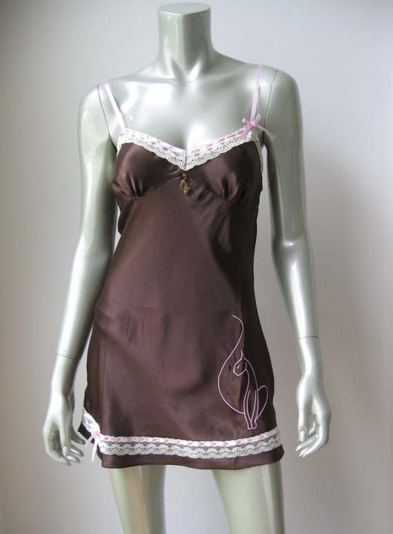 Baby Phat Brown Satin Ivory Lace Pink Ribbon Insertion Logo Chemise And Thong Set Etsy Mexico