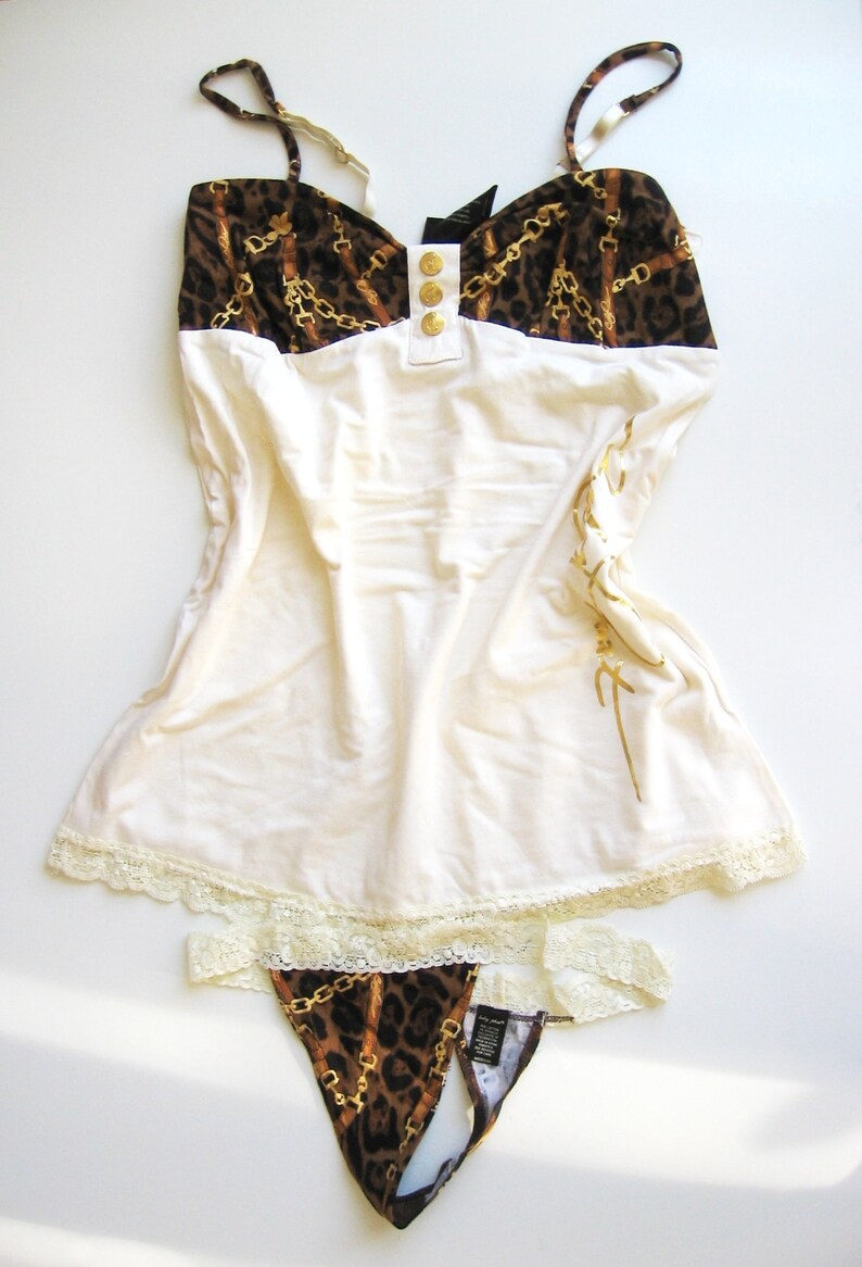 Baby Phat NIEUW Set van ivoorkleurig katoen en kant met dierenprint en kanten randje M afbeelding 5