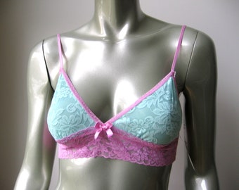 Rene Rofe NIEUW Dames roze brede kant blauw volledig transparant kant WireFree Soft Cups bralette klein