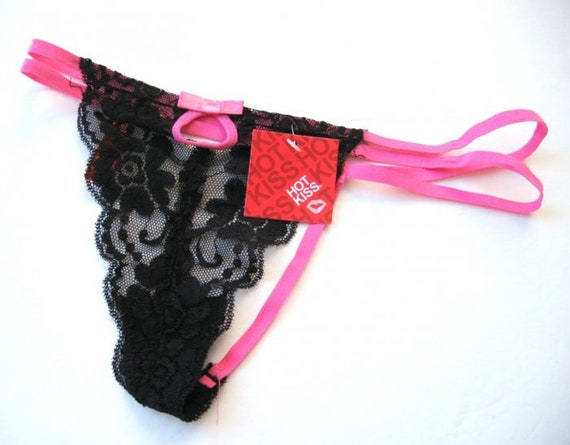 Hot Kiss Intimates NEW Pink Key Hole Black Sheer Floral Lace Panel G-string  Large 