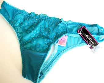 Native Intimates NEW Golden Dots Teal Embroidered Floral Lace Overlay Sheer Mesh Thong Small