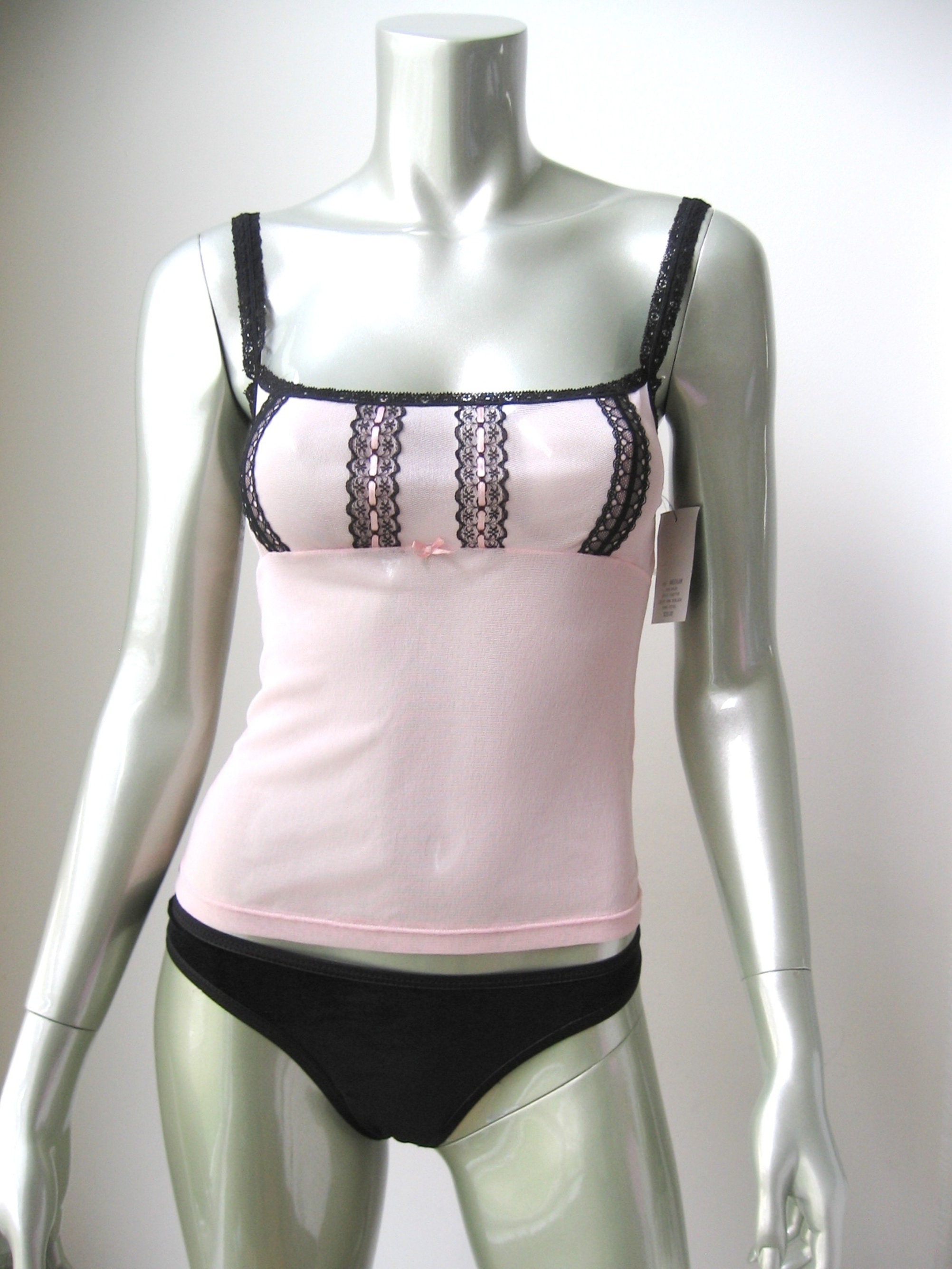 Rampage Intimate NEW Pink Sheer Stretch Mesh With Black Lace Touch Tank Top  Camisole Thong Set Medium 
