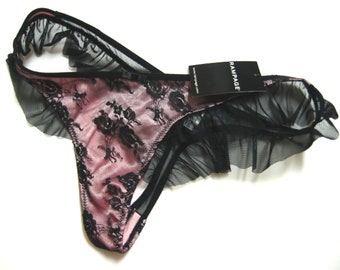 Rampage NEW Women's Black Sheer Lace Overlay Pink Ruffle Side Wings Thong Small