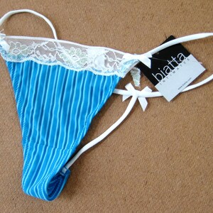 Biatta Intimates NEW Shimmer White Lace Waist Blue Pintuck Microfiber Thongs Medium-6