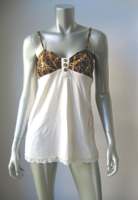 Baby Phat NEW Ivory Cotton and Lace Animal Print Trim Chemise and Thong Set M