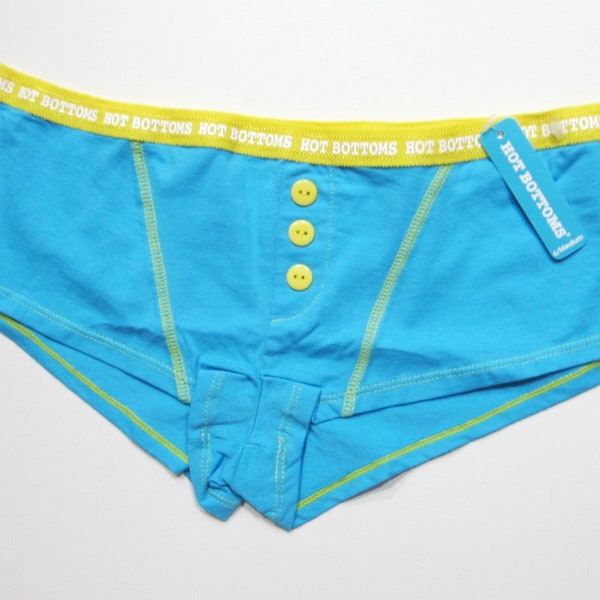 Hot Bottoms NEW Women's YellowLogo Waistband Blue Stretch Cotton Boyshorts Medium