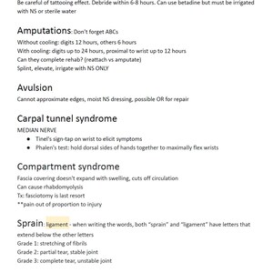 May include: A medical chart with information about different types of injuries, including abrasions, amputations, avulsions, carpal tunnel syndrome, compartment syndrome, sprains, and strains. The chart includes descriptions of each injury and treatment options.