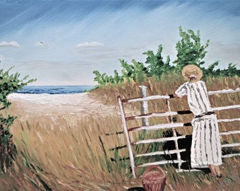 Een dame die naar de oceaan kijkt, wordt afgedrukt als digitale download voor elke kamermuurkunst, schilderdecoratie.