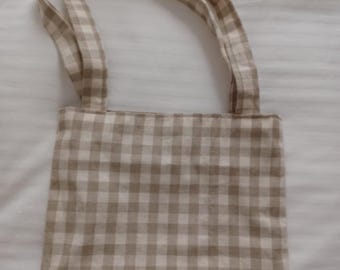 Handmade Gingham Tote Bag | Neutral Plaid Reusable Shopper | Beige Checked Cloth Bag | Cottagecore Aesthetic Tote | Eco-Friendly Gift