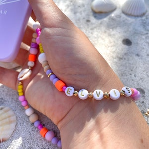 Mobiele telefoonketting, parelketting, personaliseerbaar accessoire voor mobiele telefoons, telefoonriem, roze neonoranje, kleurrijke ketting voor mobiele telefoons, naamketting, hanger voor mobiele telefoons