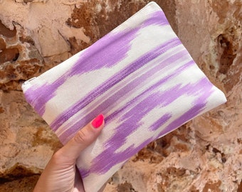 Sac Ikat LILAS Mallorca Majorque tissu violet langue motif méditerranéen accessoire embrayage trousse cosmétique petit sac