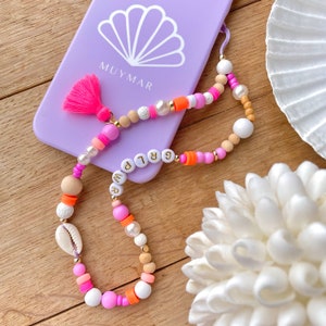 Chaîne de téléphone portable GRLPWR Collier de perles personnalisable Accessoire de téléphone portable Bracelet de téléphone rose fluo orange coloré Chaîne de téléphone portable Chaîne de nom Pendentif de téléphone portable