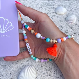 Cadena de teléfono celular personalizable ME AMO con borla accesorio de teléfono celular joyería de teléfono celular regalo personalizable púrpura neón naranja