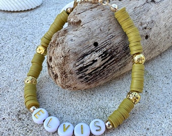 Bracelet personnalisé OLIVE GREEN Name Bracelet Friendship Bracelet Lava Beads 14k Gold Gift for Her Initials Bracelet