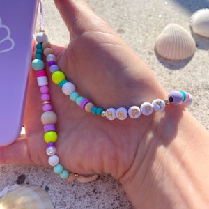 Cell phone chain &quot;HAPPY&quot; pearl chain, personalizable cell phone accessory, phone strap, turquoise, pink, neon, yellow, colorful cell phone chain, name chain, cell phone pendant