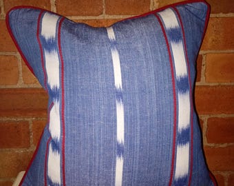 Mahala Ikat Stripe Cushion Cover, Blue/Red with Red Piping, 18 inch
