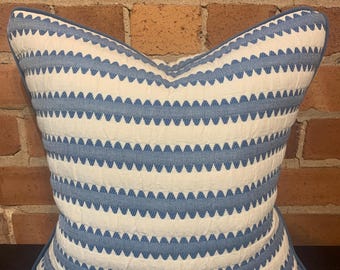 Cushion cover made using C&C Milano Elba Freccia White Blue, 45cm square Blue Alcantara complimentary piping