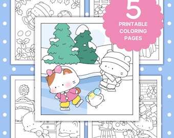 SanoBean Happy Winter - Kawaii Digital Coloring Pages for Adults and Kids, 5 Printable Illustrations