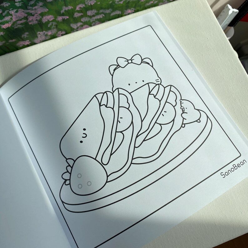 K&ouml;nnte beinhalten: Schwarz-Wei&szlig;-Linienzeichnung einer Platte mit Tacos mit einem niedlichen Charakter oben. Die Tacos haben eine Erdbeere an der Seite. Die Illustration stammt von SonoBean.