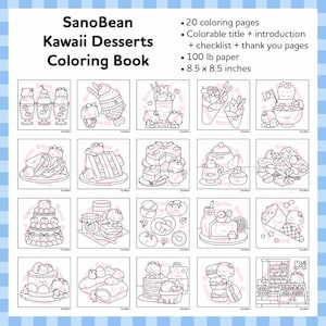 K&ouml;nnte beinhalten: Ein Malbuch mit dem Titel "SanoBean Kawaii Desserts Coloring Book" mit 20 Ausmalseiten. Das Buch enth&auml;lt einen ausmalbaren Titel, eine Einf&uuml;hrung, eine Checkliste und Dankesseiten. Es ist auf 100 lb Papier gedruckt und misst 21,6 x 21,6 cm.