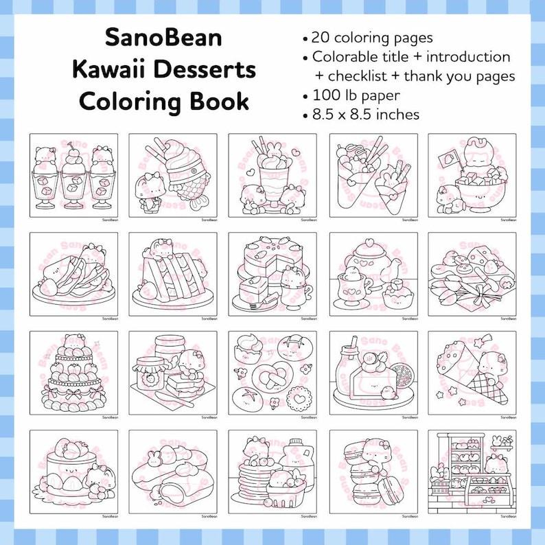 K&ouml;nnte beinhalten: Ein Malbuch mit dem Titel "SanoBean Kawaii Desserts Coloring Book" mit 20 Ausmalseiten. Das Buch enth&auml;lt einen ausmalbaren Titel, eine Einf&uuml;hrung, eine Checkliste und Dankesseiten. Es ist auf 100 lb Papier gedruckt und misst 21,6 x 21,6 cm.