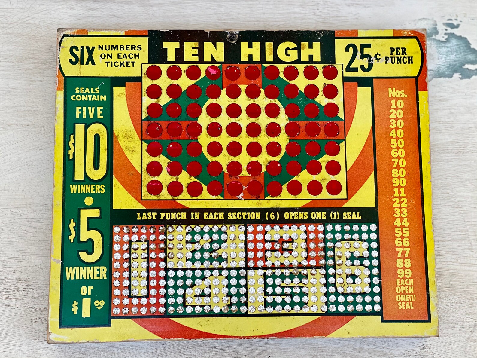Vintage Ten High Gambling / Lottery Game / Punch Board Etsy