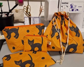 Halloween cat cosmetic bag, Halloween cat coin purse, Halloween cat drawstring bag