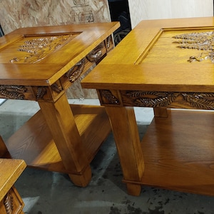 Rustic Lodge Coffee Table & Side Tables Set: Wildlife Scene, Glass Top ~ 1020