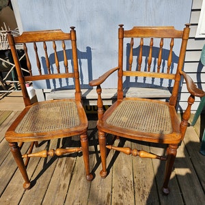 Vintage Used Cane Seat Chairs SHIPPING NOT 1.00 Matching One Arm One Straight Back Dining Colonial Spindle Back Queen Anne Style    1200
