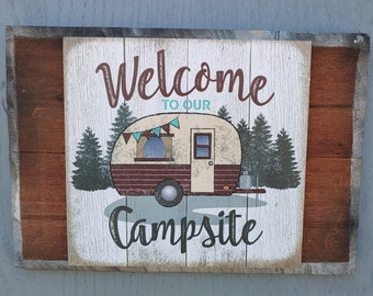 Welcome Camper Rustic Wall Decor Camping Trailer RV Woods Campfire Campsite Campground Outdoors Traveling Camp  178