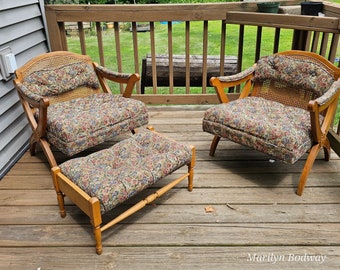 3 Piece Patio Set Wood Cane Two Chairs Footstool Ottoman Deck Furniture Porch Attached Cushions Back Arm Rests NOT 1.00 SHIPPING 1263