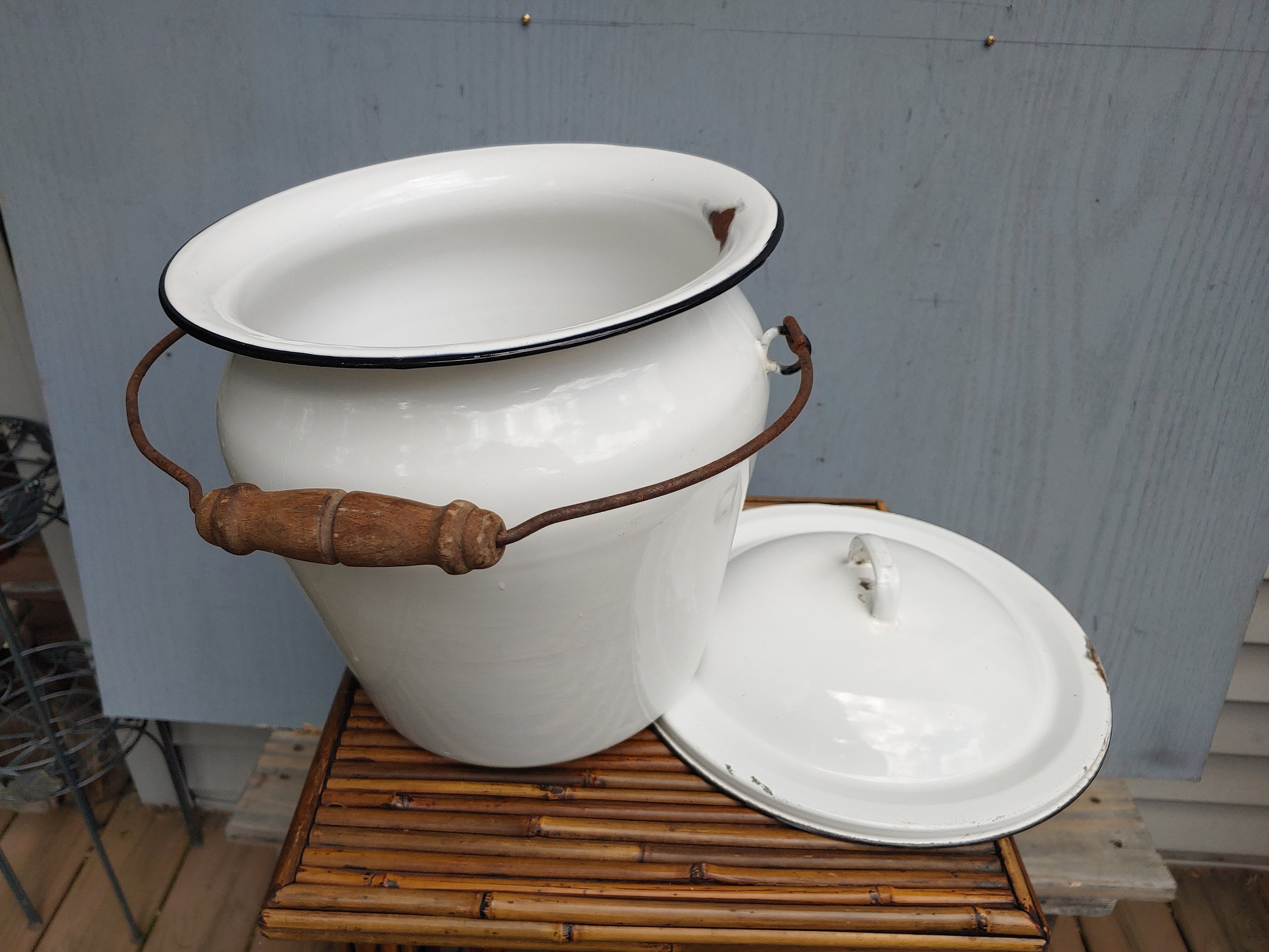 Antique Chamber Pot and Cover White With Black Rim Vintage Etsy