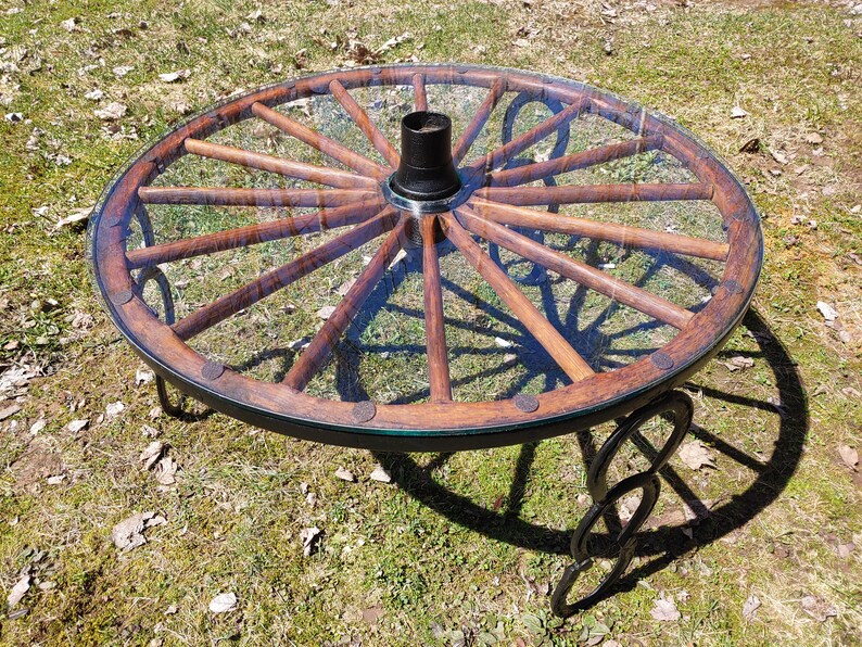 Wagon Wheel Coffee Table Antique 100 Year Old Handmade Vintage Glass