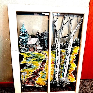 Vintage Repurposed Painted Window SHIPPING NOT 1.00 Original Rustic Scenery Cabin Birches Country Woods Birds Hand Painted Outdoors   517