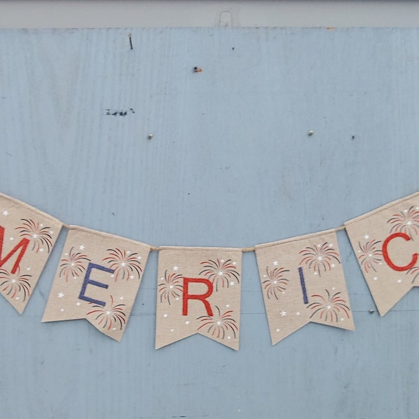 AMERICA Red White Blue Letter Swag PomPoms Vintage Burlap Flag Jute Rope Fourth of July Flag Day Memorial Day Patriotic   1059