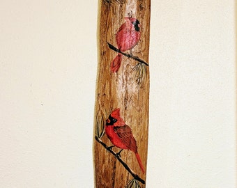 Rustic Driftwood Painting Cardinals Birds Pine Branches  1447