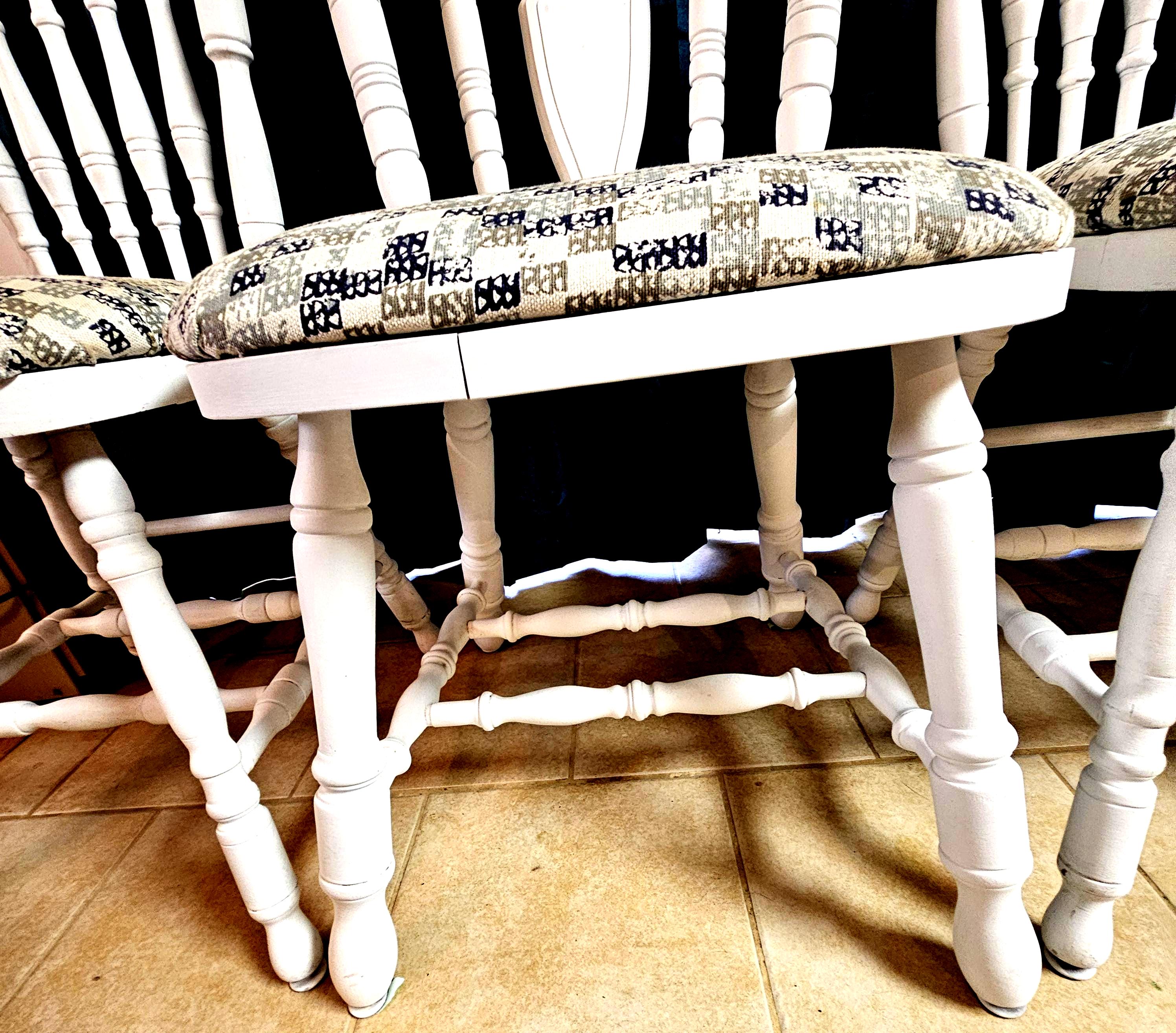 Vintage White Painted Dining Chairs - Spindle Back, Padded Seat
