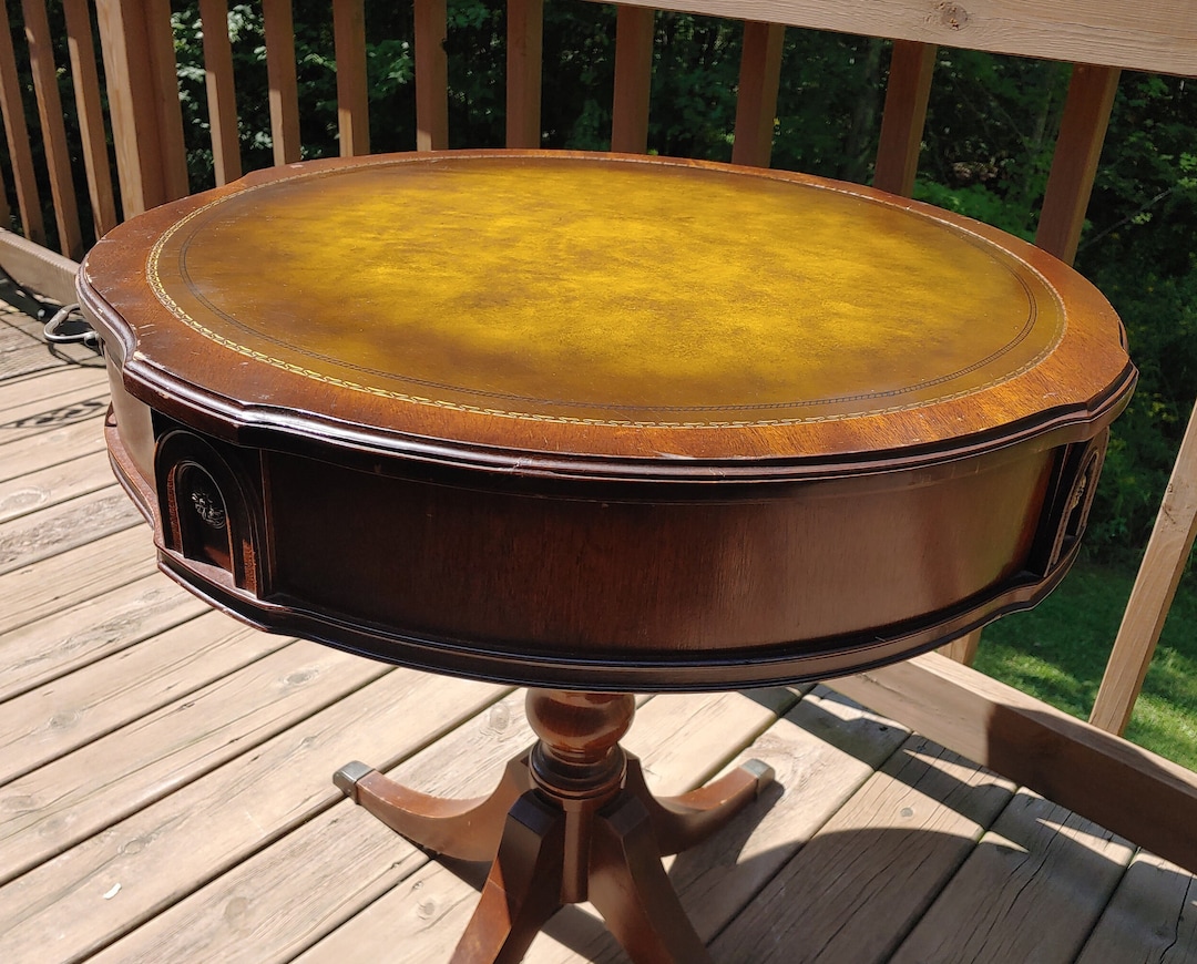 Vintage Leather Top Parlor Table: Gold Leaf Pattern, Brass Rosettes ...