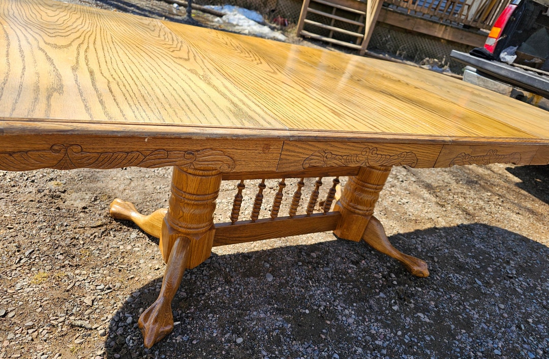 Oak Dining Table Two Leaves Pedestal Turned Heavy Posts Claw Etsy